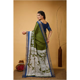 Soft handloom cotton Mehendi Kalamkari printed saree with unstitched blouse, traditional Indian attire on mannequin