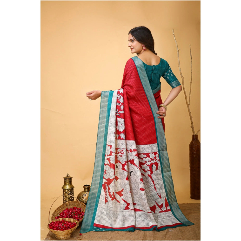Soft handloom cotton red kalamkari printed saree with unstitched blouse, vibrant traditional Indian wear on mannequin