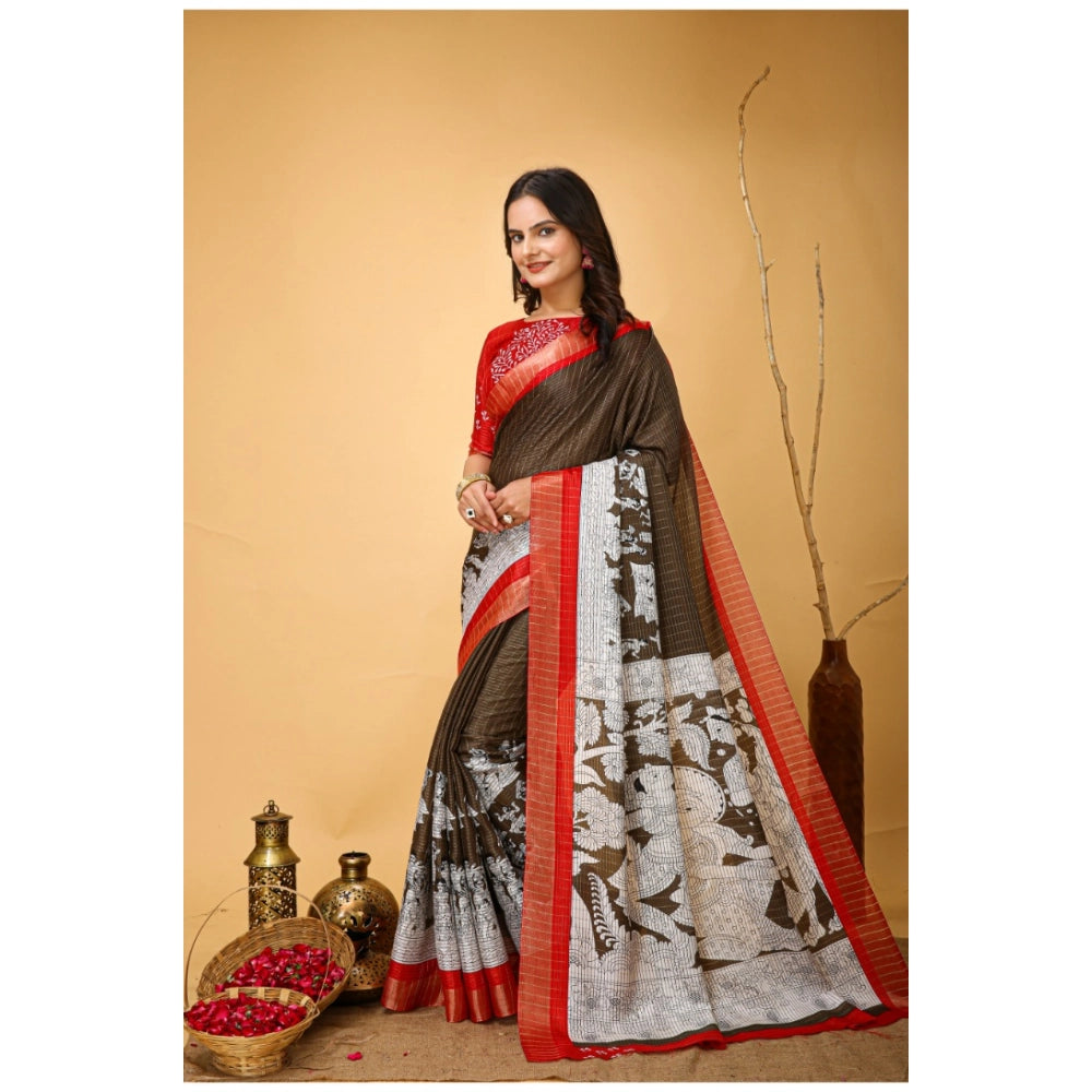 Brown soft handloom cotton kalamkari printed saree with unstitched blouse (5.5mtr)