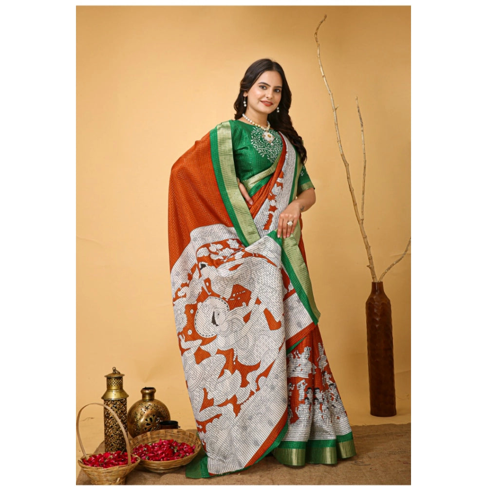 Orange soft handloom cotton kalamkari printed saree with unstitched blouse, vibrant traditional Indian design on a 5.5 meter length