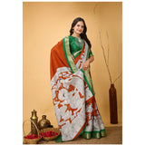 Orange soft handloom cotton kalamkari printed saree with unstitched blouse, vibrant traditional Indian design on a 5.5 meter length