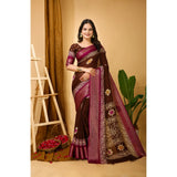 Maroon Kalamkari printed saree with unstitched blouse, soft marshmallow fabric for women