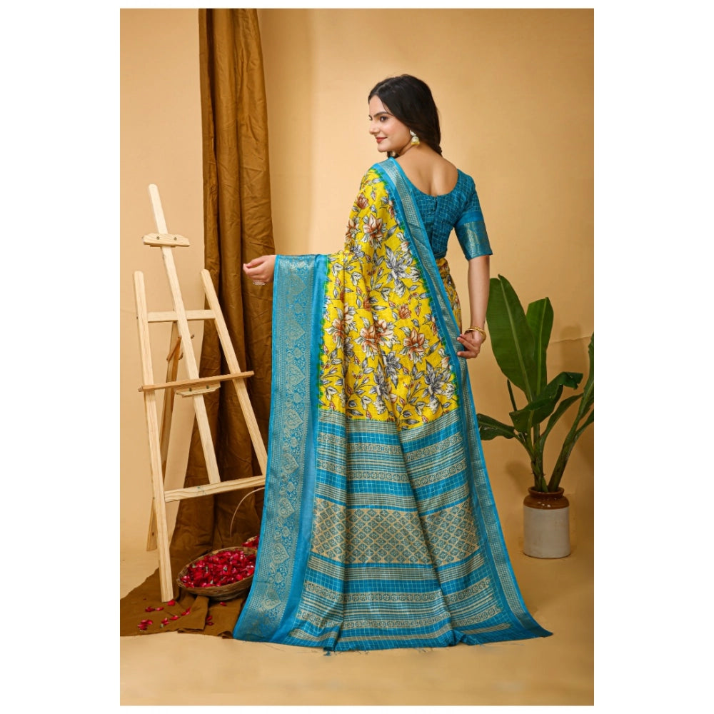 Yellow soft dola cotton kalamkari printed saree with unstitched blouse (5.5mtr)