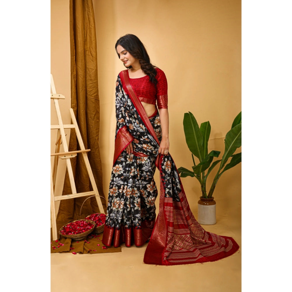 Black soft Dola cotton kalamkari printed saree with unstitched blouse, traditional Indian attire on mannequin