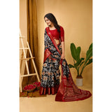 Black soft Dola cotton kalamkari printed saree with unstitched blouse, traditional Indian attire on mannequin