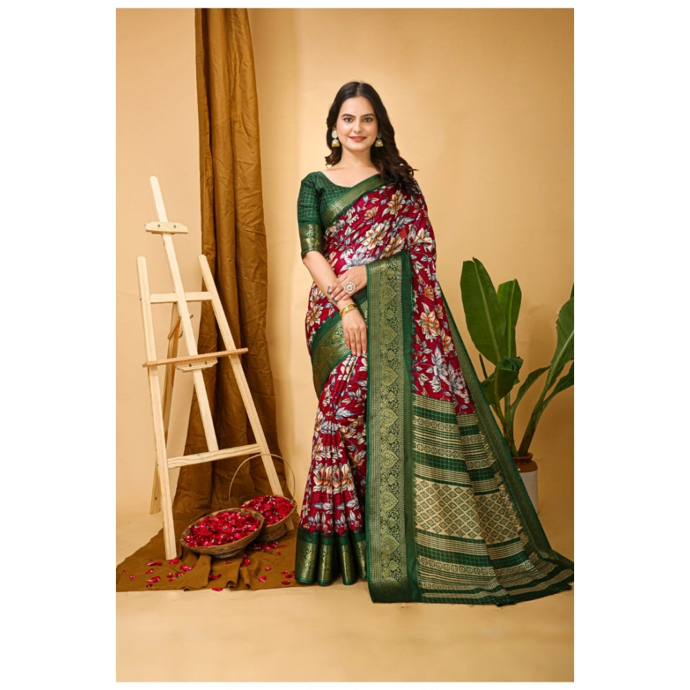 Maroon soft dola cotton kalamkari printed saree with unstitched blouse, traditional Indian women's wear on mannequin