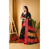 Green soft blooming marshmallow fabric kalamkari printed saree with unstitched blouse, vibrant floral design on display