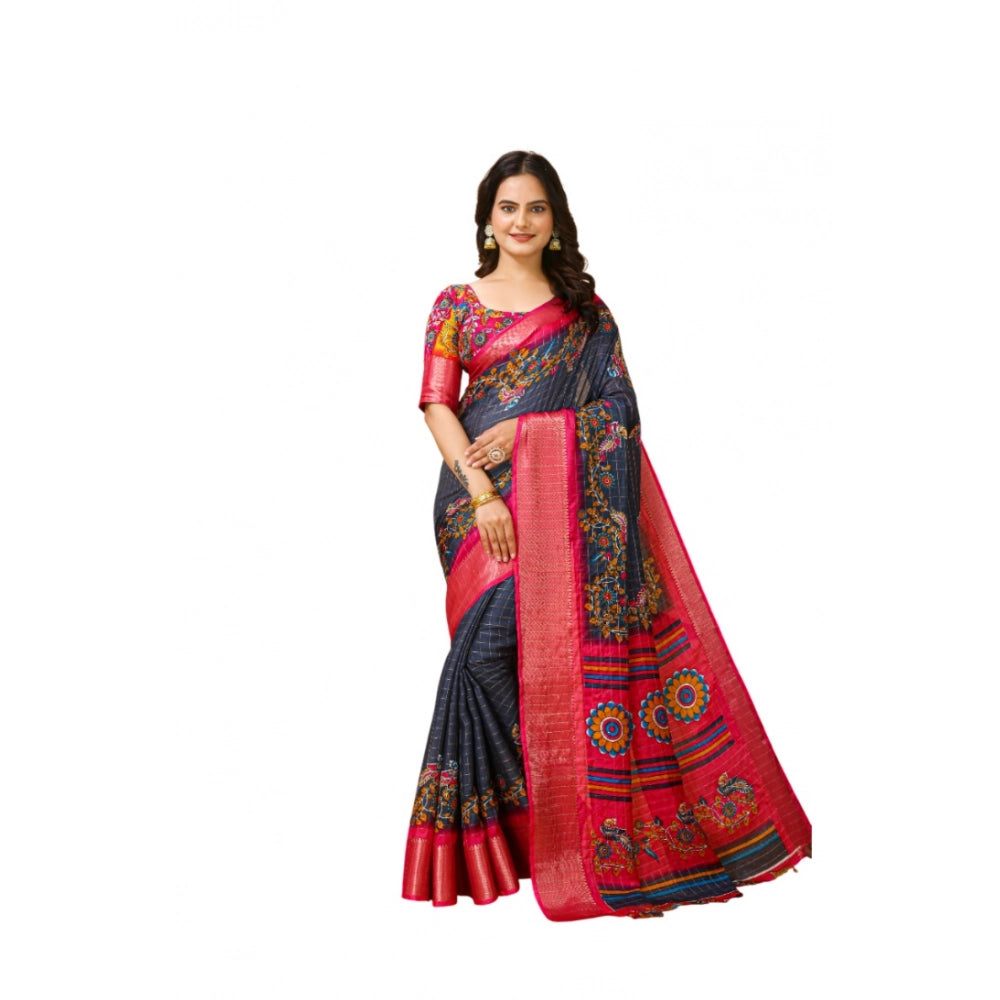 Grey soft Dola cotton Kalamkari printed saree with unstitched blouse, traditional Indian women's attire on mannequin