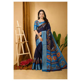 Navy Blue soft Dola cotton Kalamkari printed saree with unstitched blouse, women's traditional Indian attire for special occasions
