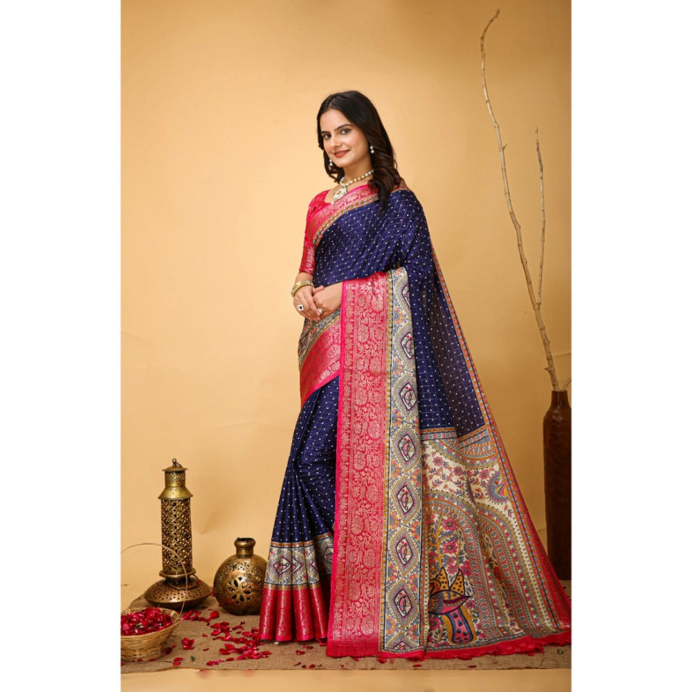 Navy blue kalamkari printed soft Dola cotton saree with unstitched blouse, vibrant traditional Indian wear