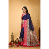 Navy blue kalamkari printed soft Dola cotton saree with unstitched blouse, vibrant traditional Indian wear