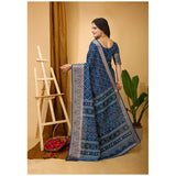 Blue soft Dola cotton kalamkari printed saree with unstitched blouse, traditional Indian women's wear on mannequin