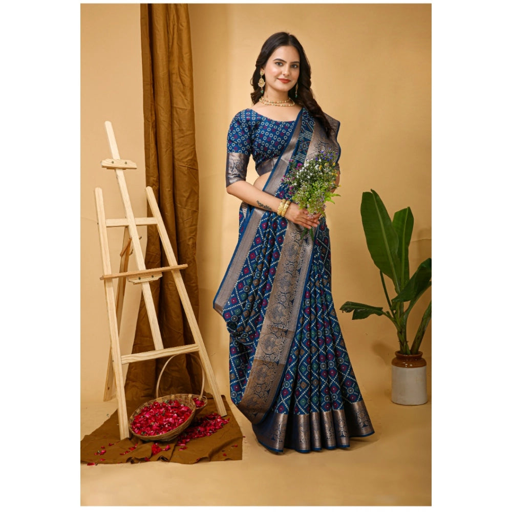 Blue soft Dola cotton kalamkari printed saree with unstitched blouse, vibrant traditional Indian attire on hanger