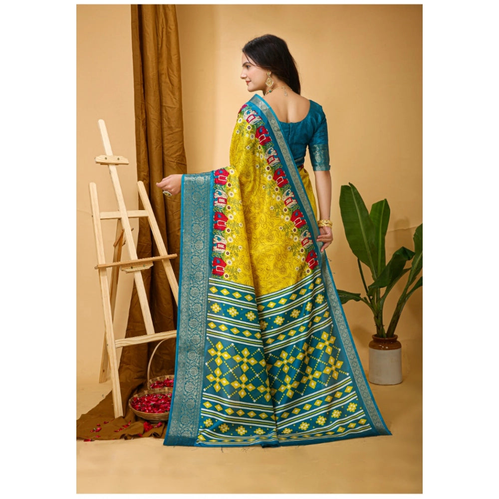 Yellow soft Dola cotton kalamkari printed saree with unstitched blouse, traditional Indian women's wear on mannequin