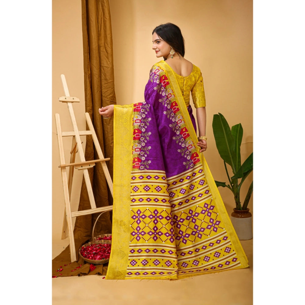 Purple soft Dola cotton kalamkari printed saree with unstitched blouse, traditional Indian attire on mannequin