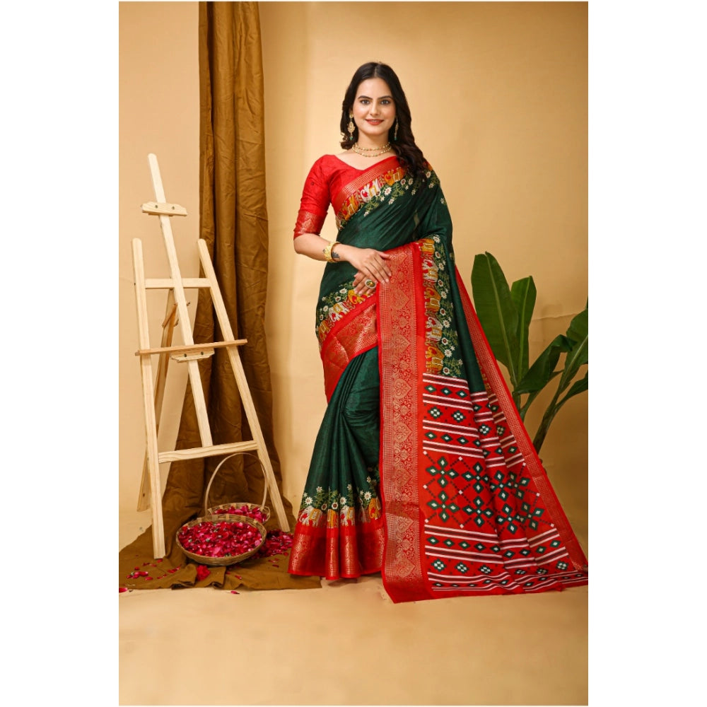 Green Kalamkari printed soft Dola cotton saree with unstitched blouse, traditional Indian women's wear