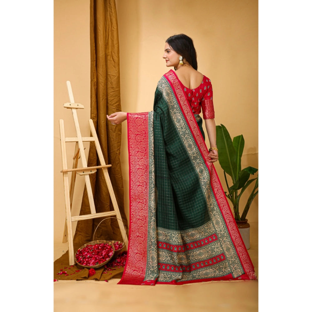 B.Green soft Dola cotton kalamkari printed saree with unstitched blouse, traditional Indian women's wear