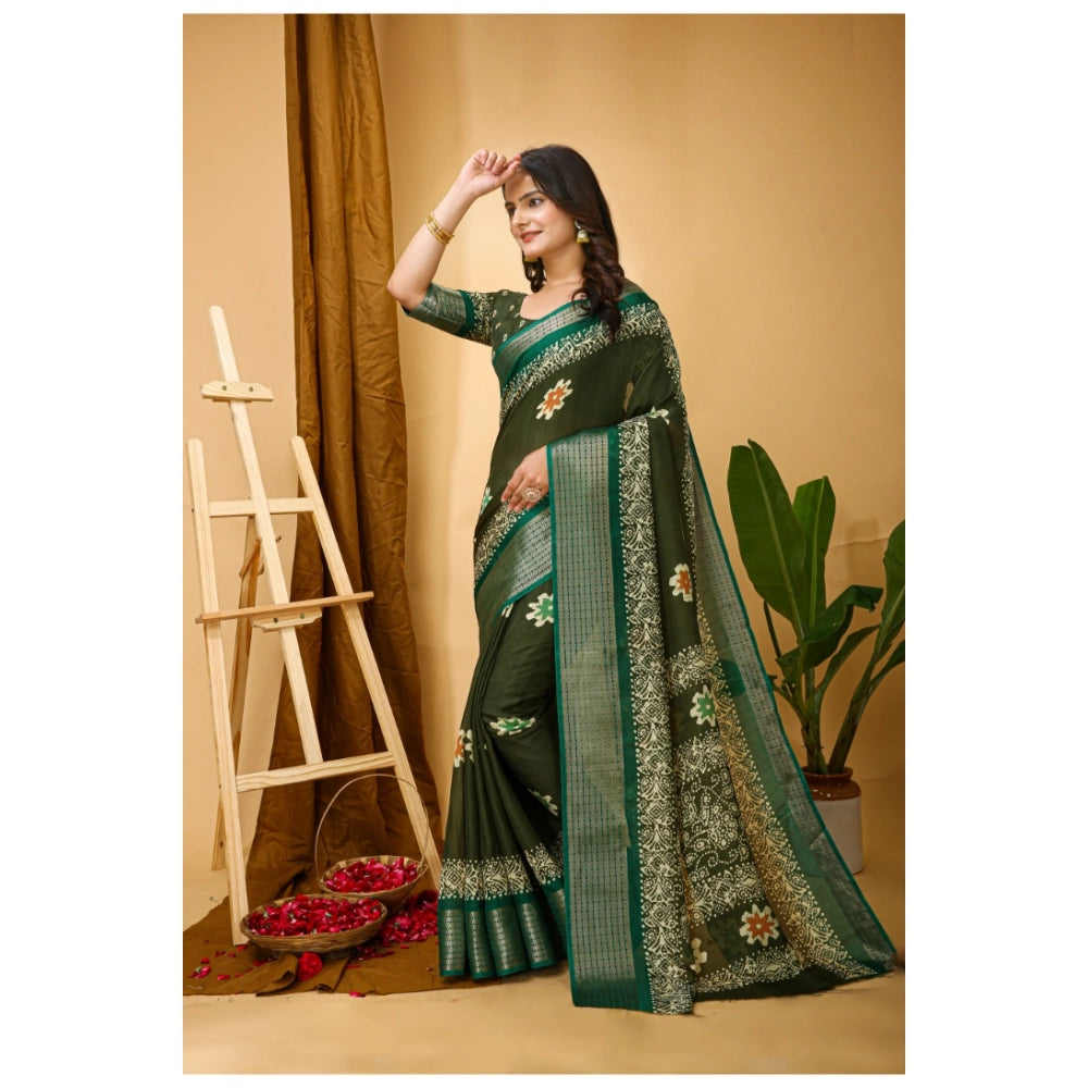 Green soft blooming marshmallow fabric kalamkari printed saree with unstitched blouse, vibrant floral pattern on display