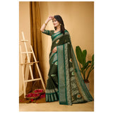Green soft blooming marshmallow fabric kalamkari printed saree with unstitched blouse, vibrant floral pattern on display