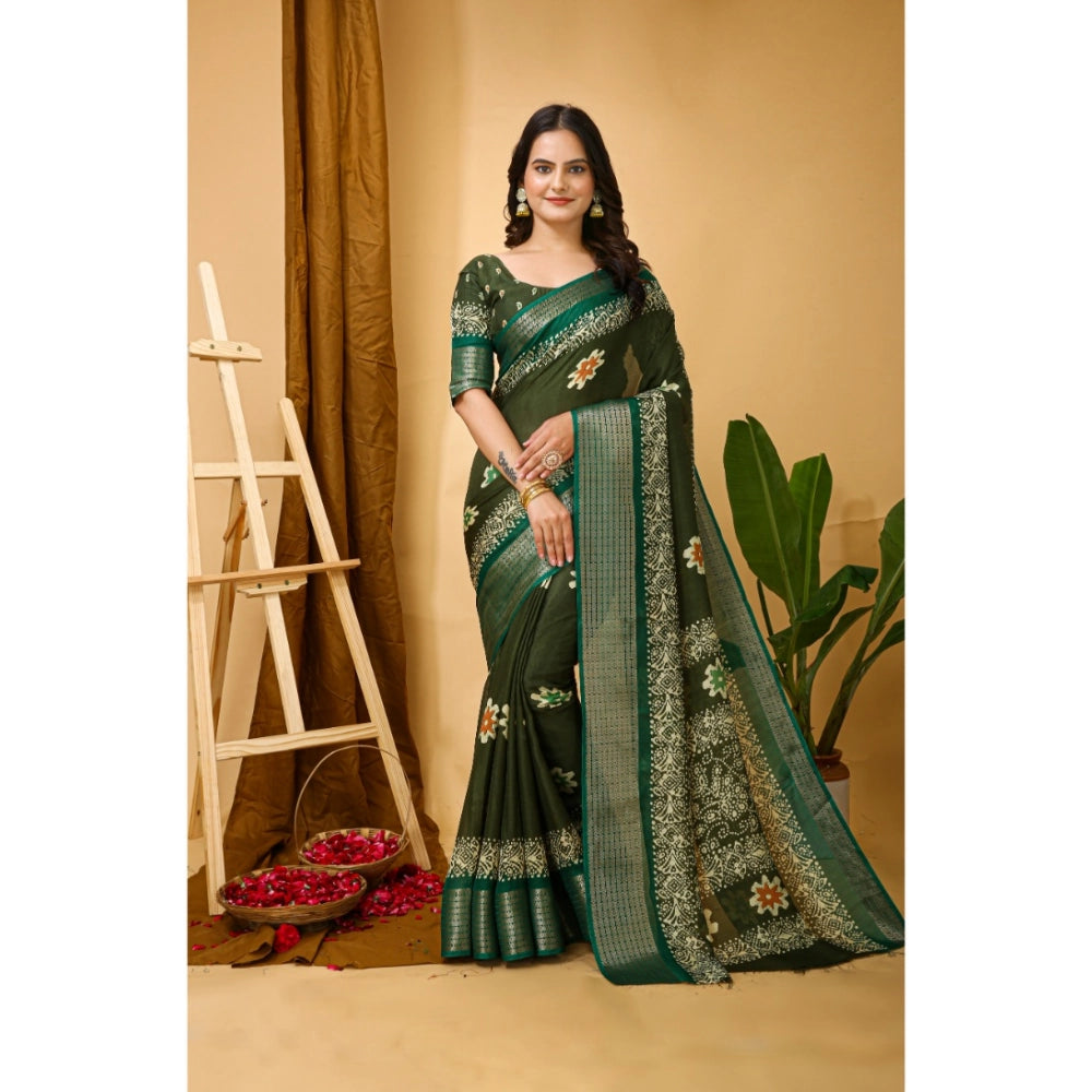 Green Kalamkari printed soft blooming marshmallow fabric saree with unstitched blouse, traditional Indian ethnic wear on display