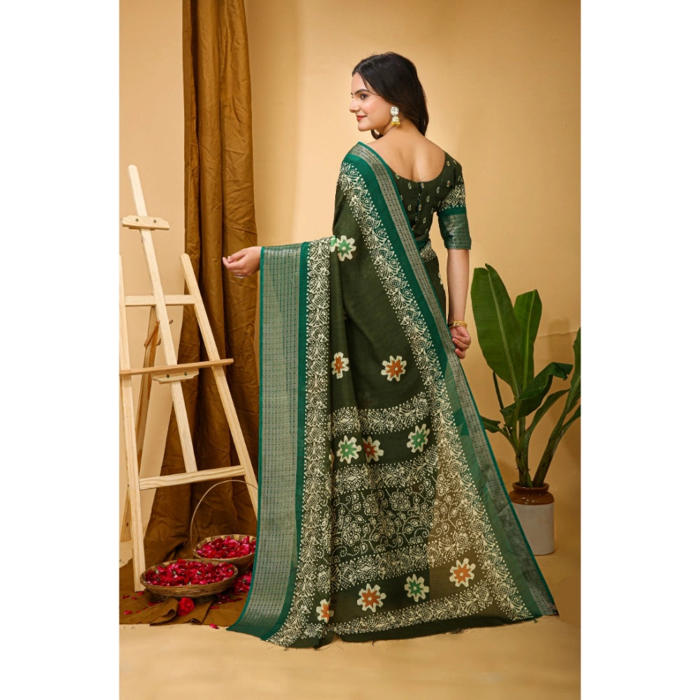 Green Kalamkari printed soft marshmallow fabric saree with unstitched blouse, vibrant blooming patterns on display