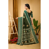 Green Kalamkari printed soft marshmallow fabric saree with unstitched blouse, vibrant blooming patterns on display