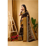 Brown Kalamkari printed saree with unstitched blouse on mannequin, soft marshmallow fabric for women's traditional wear
