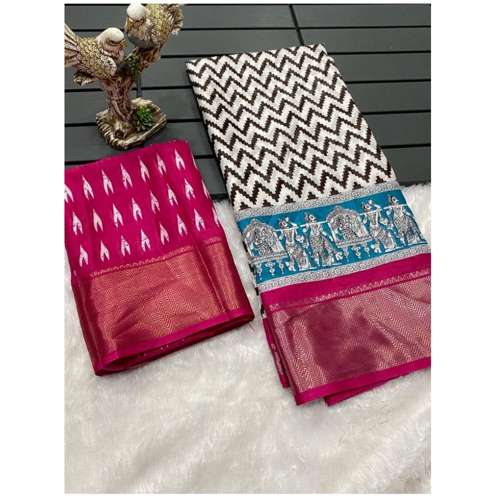 Soft pink Dola cotton Kalamkari saree with unstitched blouse, intricate printed design for traditional Indian wear