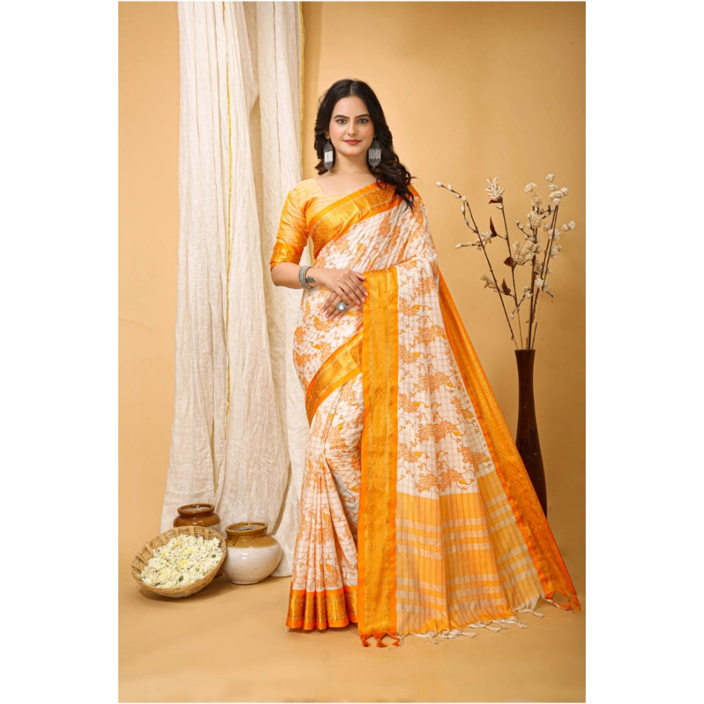 Yellow soft cotton silk printed saree with unstitched blouse (5.5mtr), fashionable Indian women's wear