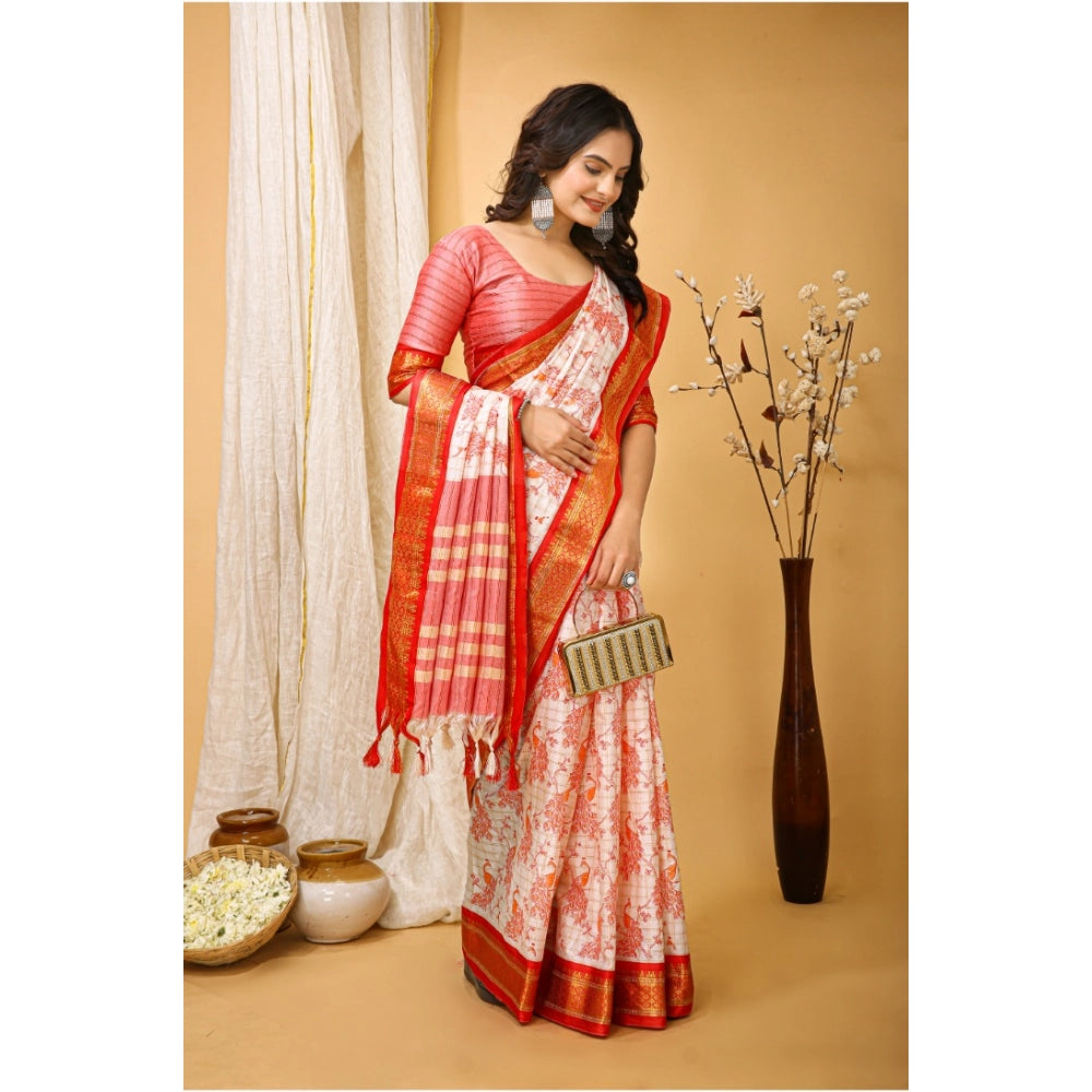 Red soft cotton silk printed saree with unstitched blouse, vibrant design on traditional attire