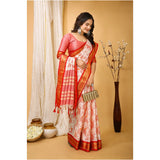 Red soft cotton silk printed saree with unstitched blouse, vibrant design on traditional attire