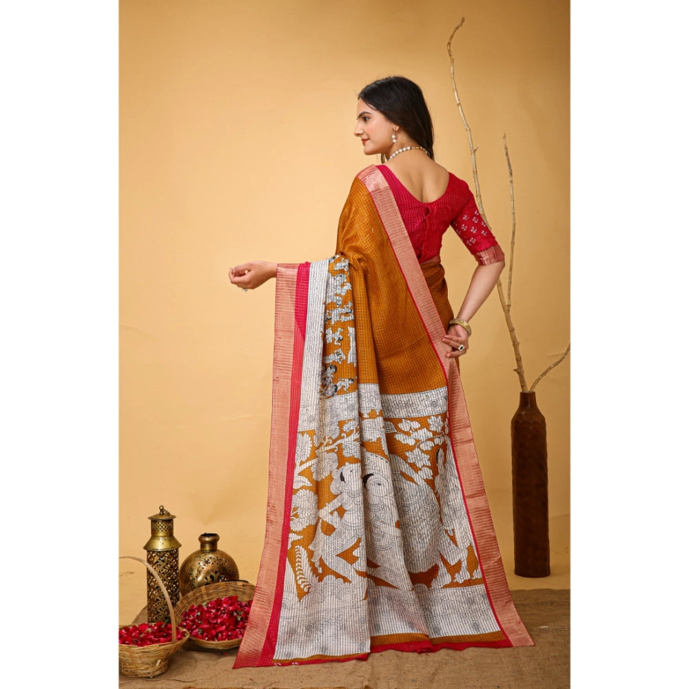 Mustard-hued soft handloom cotton Kalamkari printed saree with unstitched blouse, traditional Indian wear on model