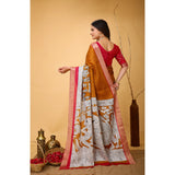 Mustard-hued soft handloom cotton Kalamkari printed saree with unstitched blouse, traditional Indian wear on model