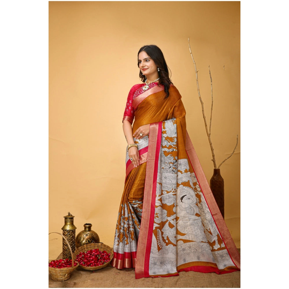 Mustard soft handloom cotton kalamkari printed saree with unstitched blouse, traditional Indian women's attire