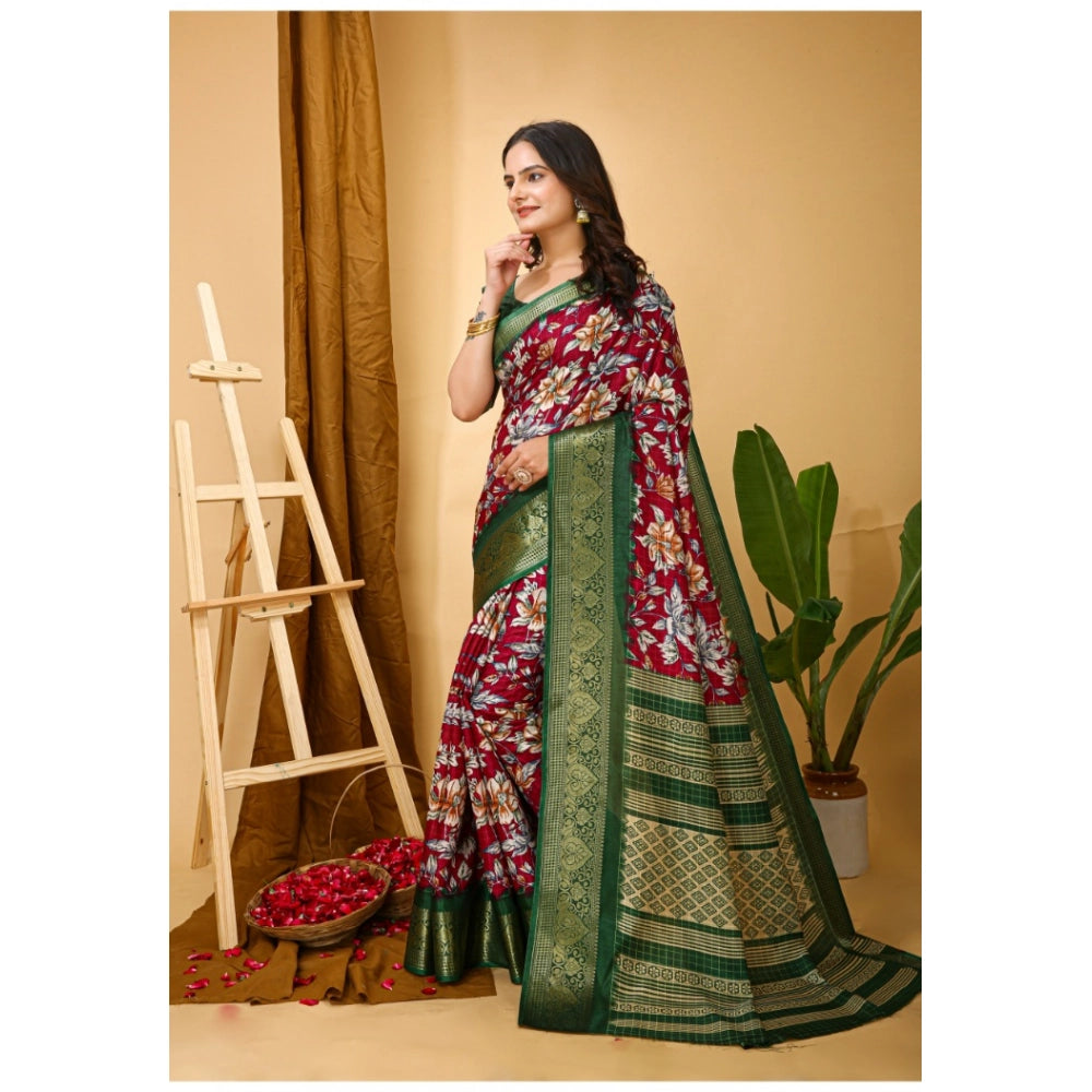 Maroon Dola Cotton Kalamkari printed saree with unstitched blouse, soft and vibrant traditional Indian attire