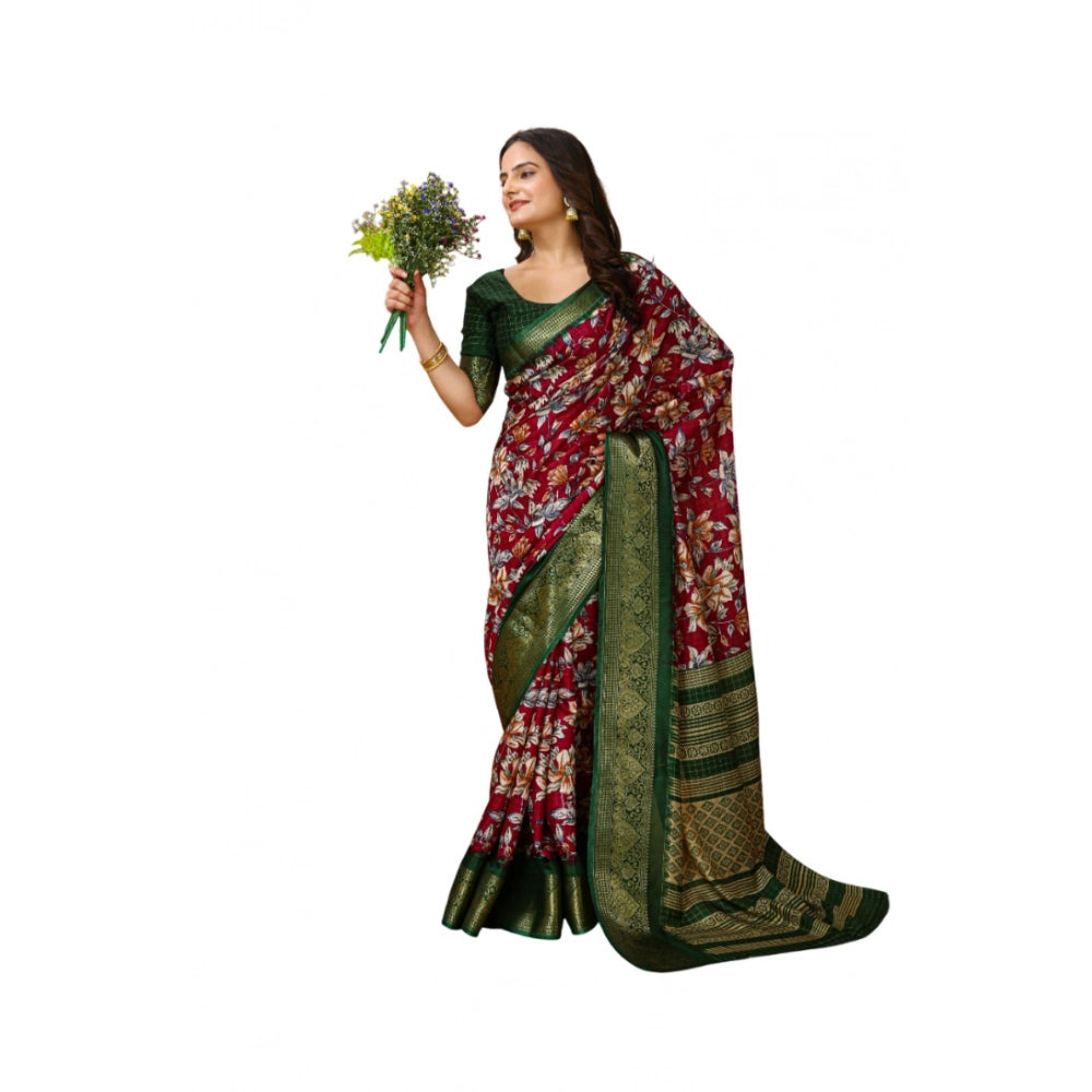 Maroon soft cotton kalamkari printed saree with unstitched blouse, traditional Indian women's wear on mannequin