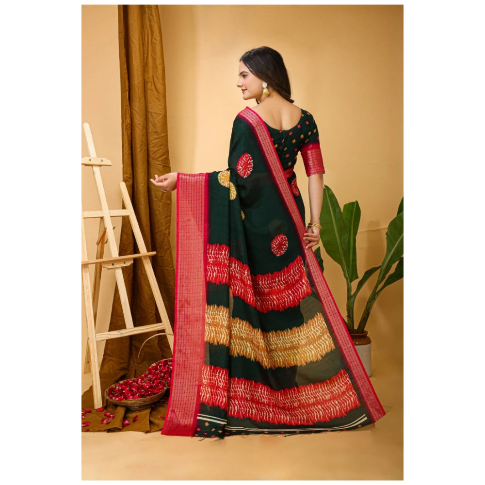 Green soft blooming marshmallow fabric kalamkari printed saree with unstitched blouse, traditional Indian women's attire on display