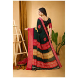 Green soft blooming marshmallow fabric kalamkari printed saree with unstitched blouse, traditional Indian women's attire on display