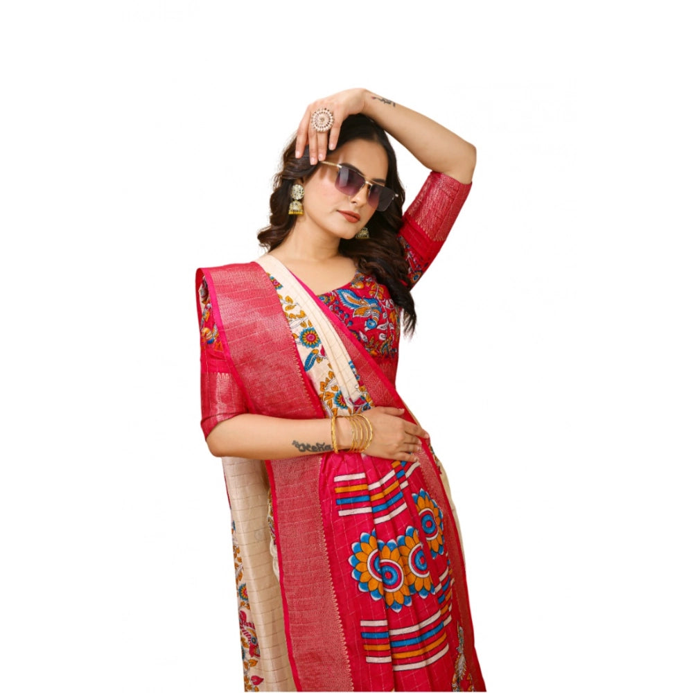 Red soft Dola cotton kalamkari printed saree with unstitched blouse, traditional Indian fashion wear on a mannequin