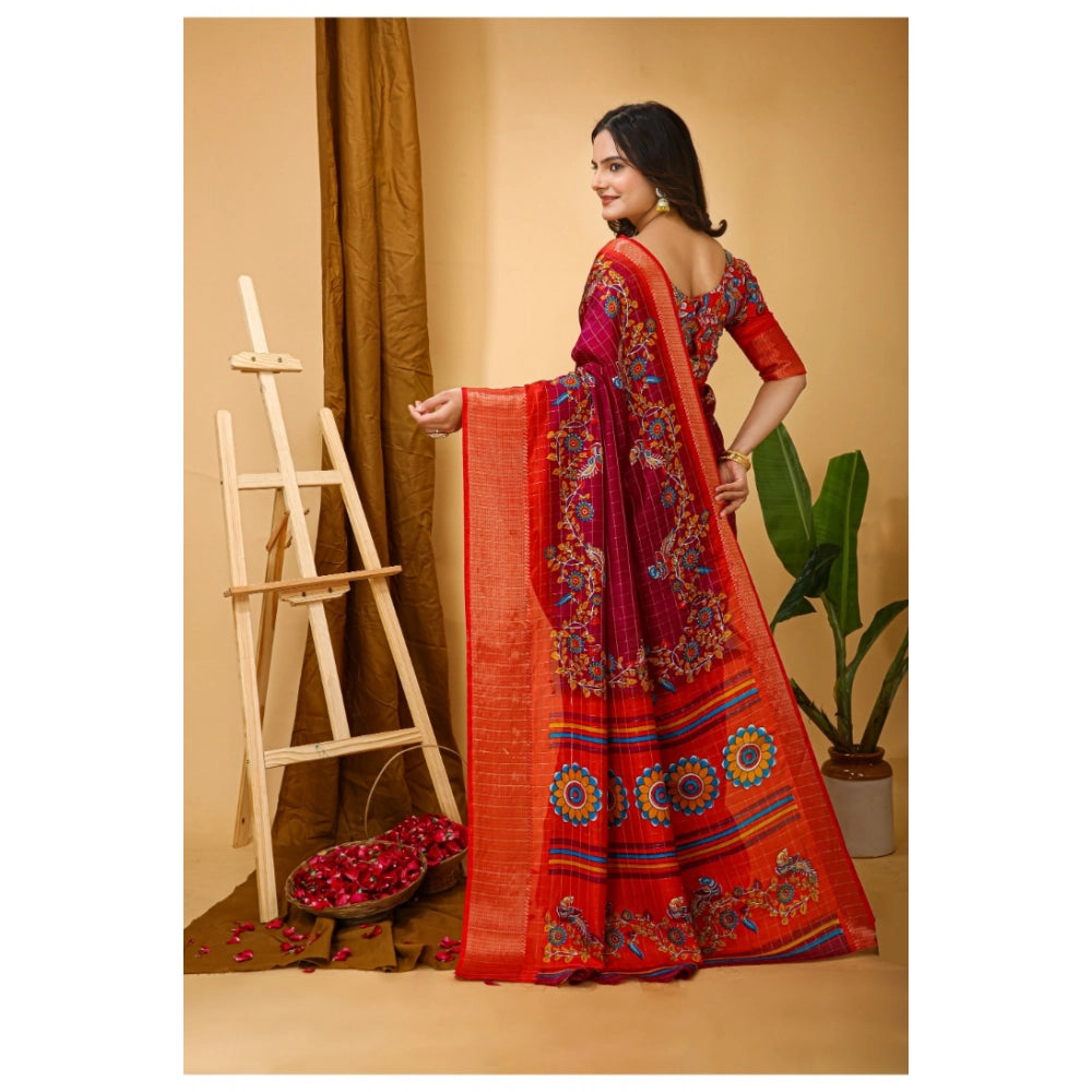 Maroon Kalamkari Printed Dola Cotton Saree with Unstitched Blouse, soft cotton women's traditional wear