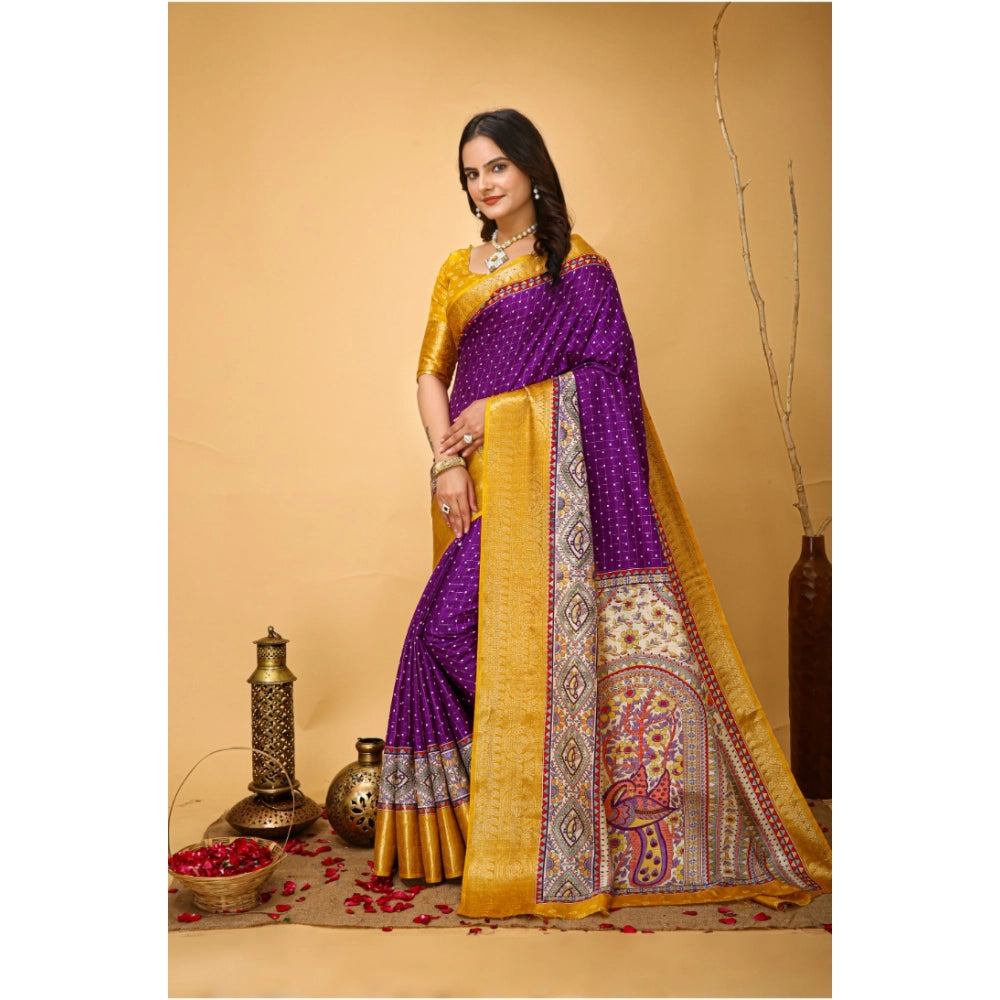 Purple Dola Cotton Kalamkari printed saree with unstitched blouse, soft and vibrant Indian women's wear