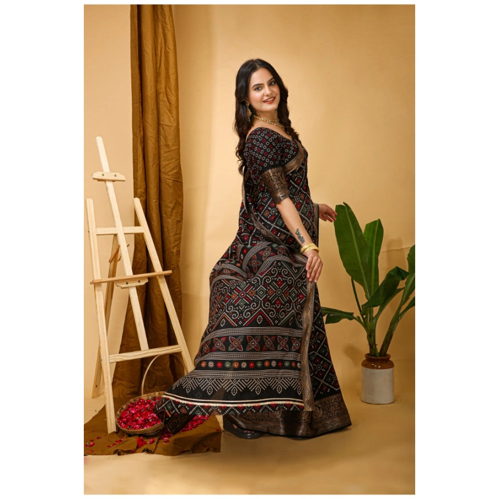 Black soft Dola cotton kalamkari printed saree with unstitched blouse, traditional Indian wear on mannequin