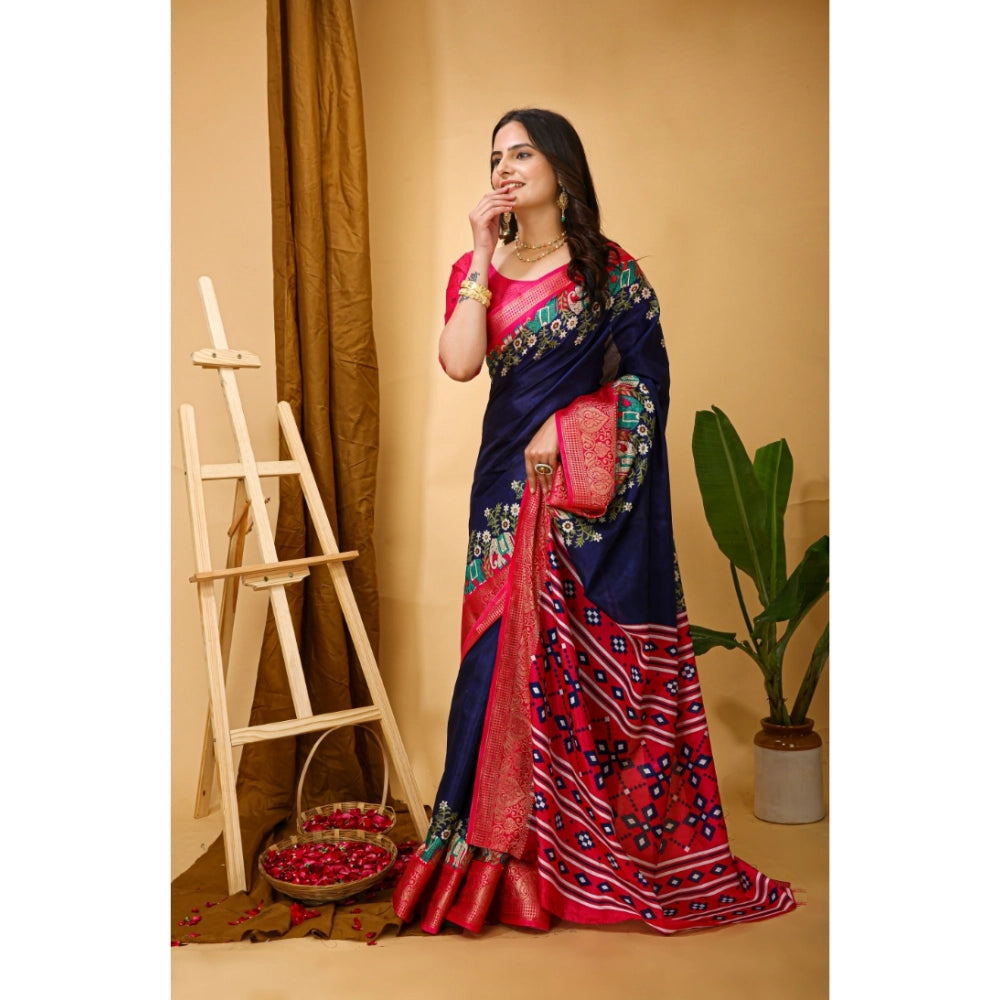Navy blue Dola cotton Kalamkari printed saree with unstitched blouse, vibrant traditional Indian women's wear