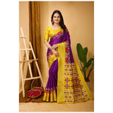 Purple Kalamkari-printed soft Dola cotton saree with unstitched blouse, vibrant Indian wear