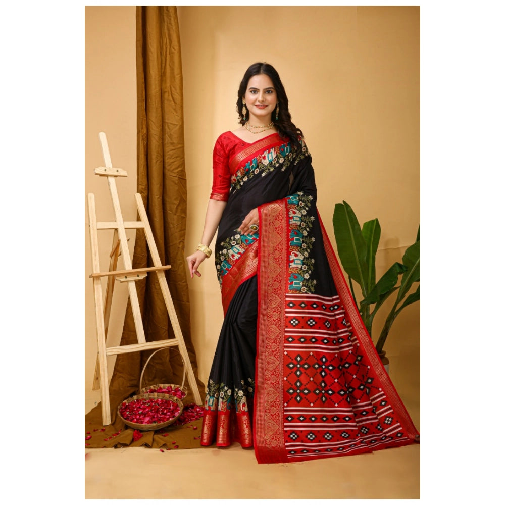 Black soft Dola cotton Kalamkari printed saree with unstitched blouse, traditional Indian garment for women on mannequin