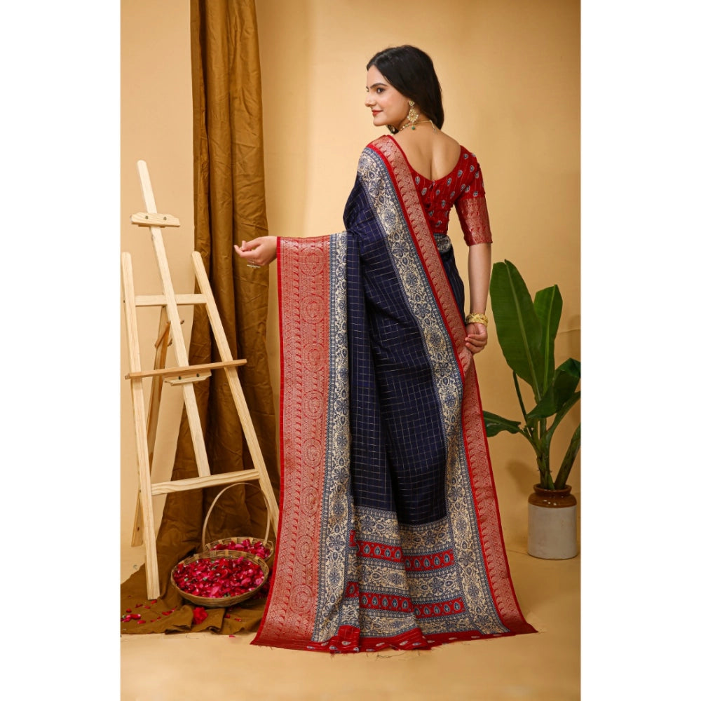 Navy blue kalamkari printed soft Dola cotton saree with unstitched blouse, traditional Indian attire on a mannequin