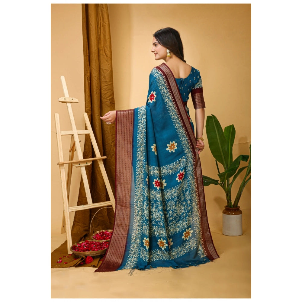 Blue Kalamkari printed soft marshmallow fabric saree with unstitched blouse, vibrant blooming floral patterns on Indian silk-like material