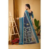 Grey soft blooming marshmallow fabric kalamkari printed saree with unstitched blouse, vibrant floral pattern on display