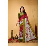 Maroon soft handloom cotton Kalamkari printed saree with unstitched blouse, traditional Indian attire on mannequin