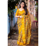Yellow soft dola cotton kalamkari printed saree with unstitched blouse, vibrant traditional Indian women's wear